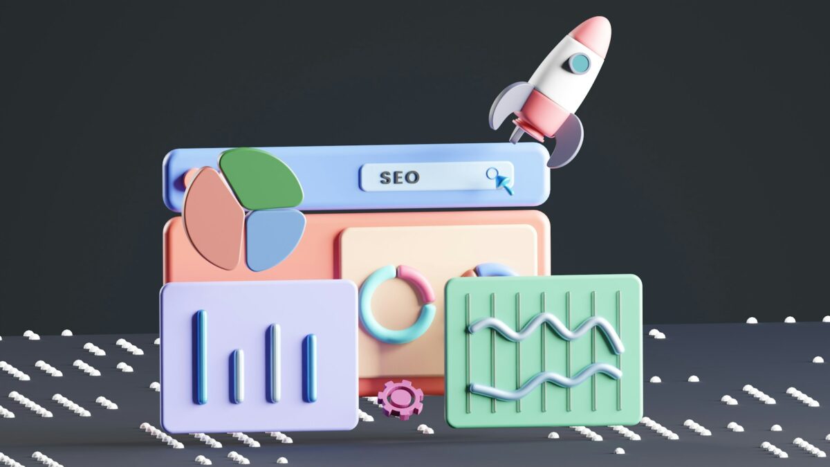 3D illustration of SEO concepts with floating charts, a pie chart, bars, and a rocket icon. Pastel colors set a modern and innovative tone.