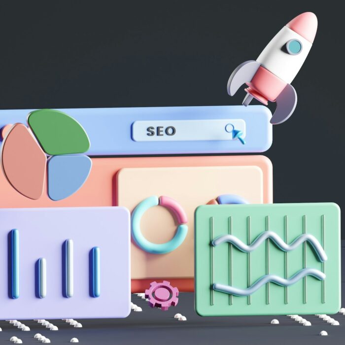 3D illustration of SEO concepts with floating charts, a pie chart, bars, and a rocket icon. Pastel colors set a modern and innovative tone.