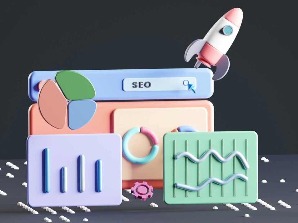 3D illustration of SEO concepts with floating charts, a pie chart, bars, and a rocket icon. Pastel colors set a modern and innovative tone.
