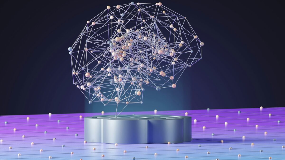 A digital brain composed of interconnected nodes hovers over a platform, set against a blue and purple gradient background