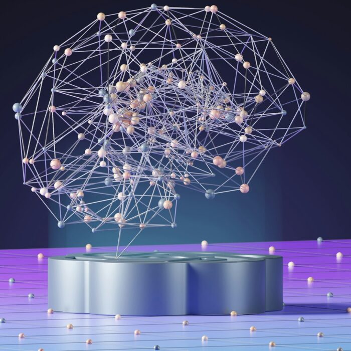 A digital brain composed of interconnected nodes hovers over a platform, set against a blue and purple gradient background