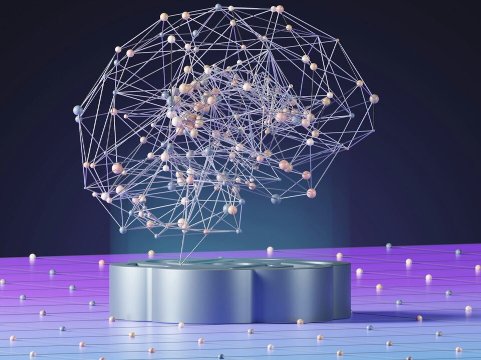 A digital brain composed of interconnected nodes hovers over a platform, set against a blue and purple gradient background
